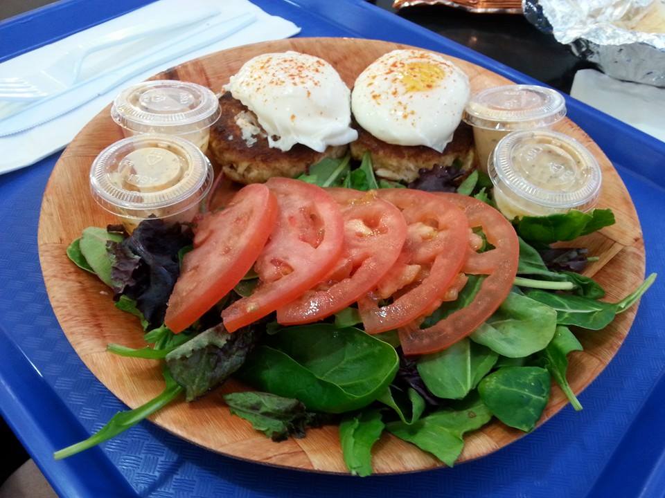 Meals From The Heart Cafe — super-sized crab cakes with poached eggs