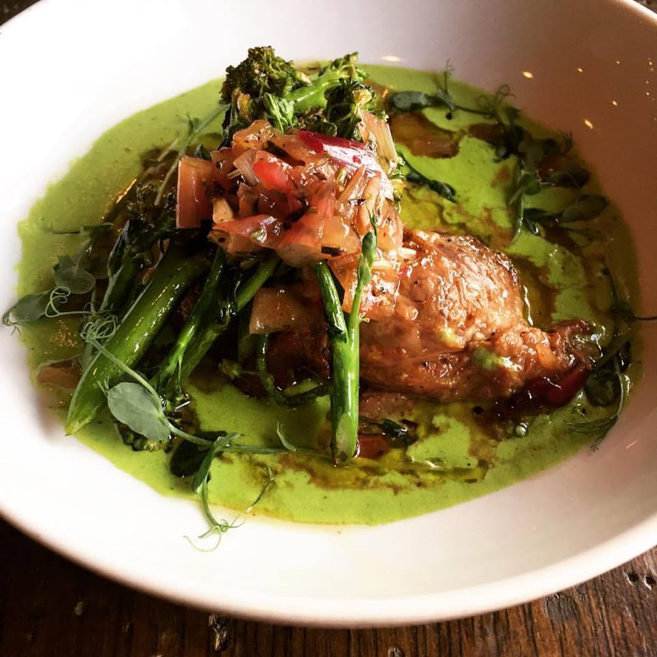 Three Muses — braised pork cheeks with truffled sweet pea purée